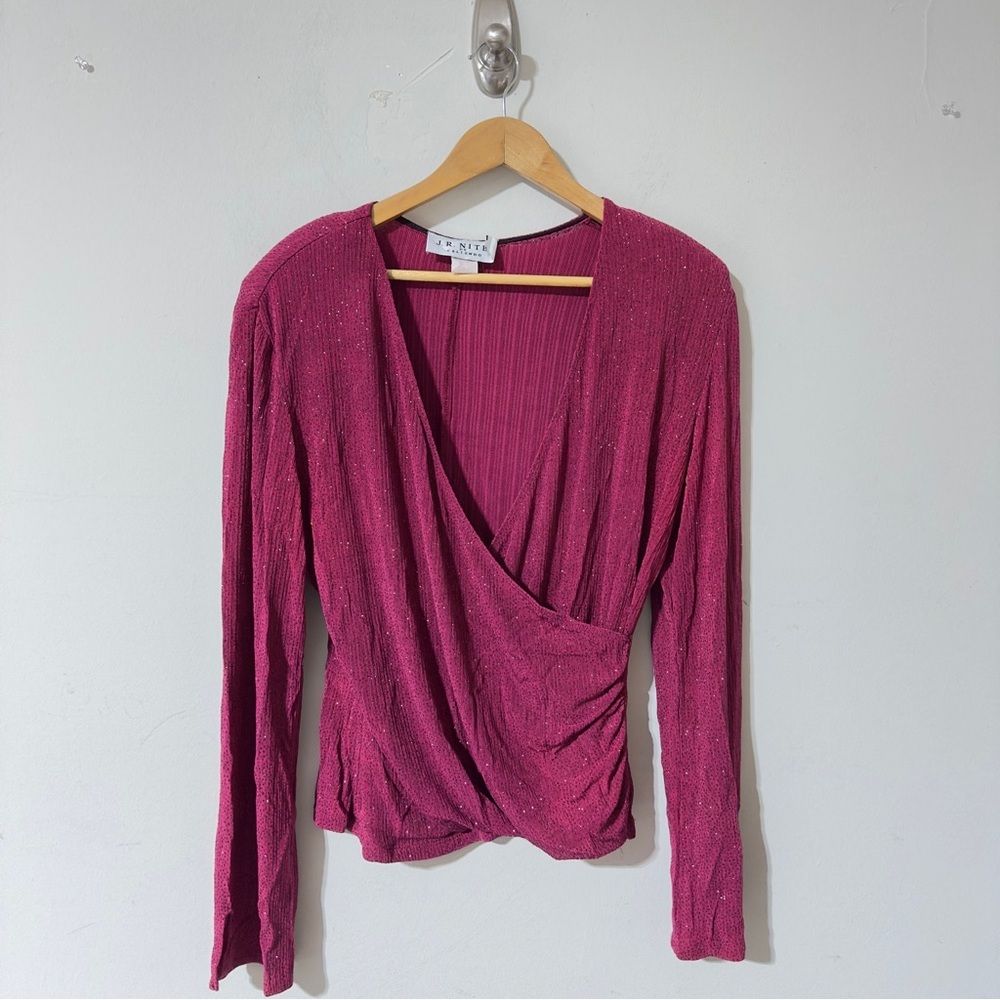 J.R. Nites by Caliendo Vintage Shimmering Magenta Pink Faux Wrap Long Sleeve Top